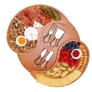 Large Double-Layer Charcuterie Cheese Board Set w 4 Knives Premium Bamboo